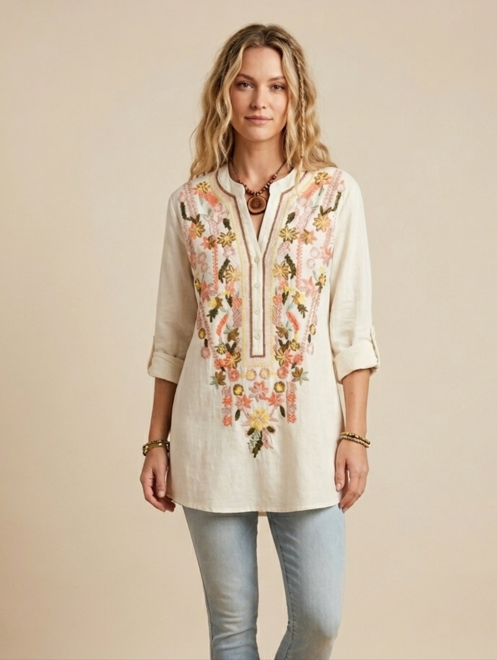 Gorgeous Solitaire Embroidered Boho Tunic Kaftan Tab Sleeves Size L